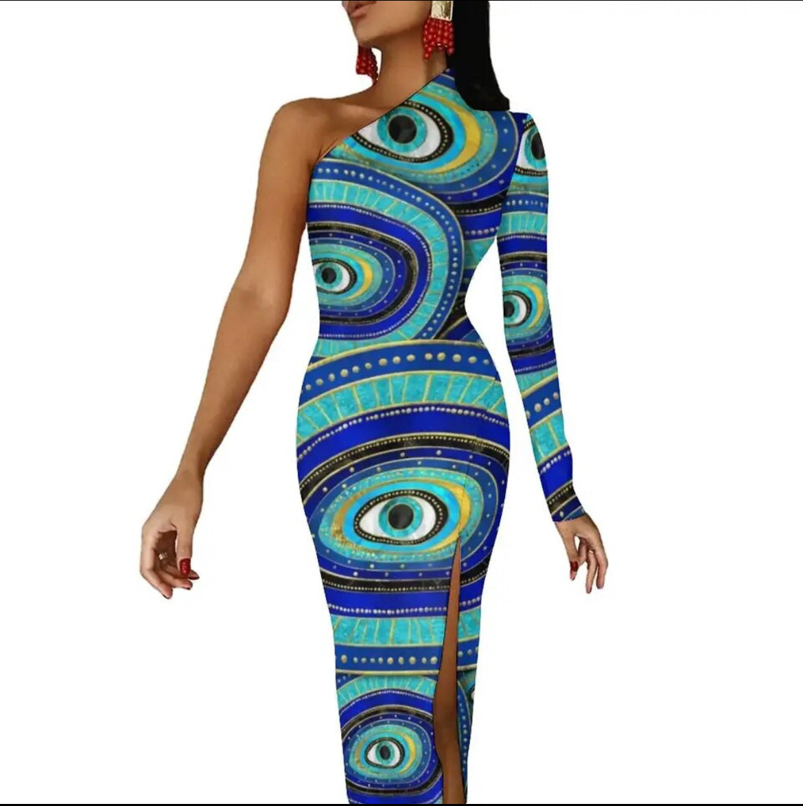 Evil Eye Dress-one shoulder bodycon