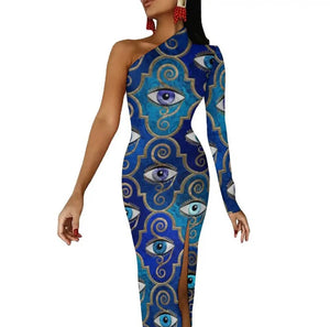 Evil Eye Dress-one shoulder bodycon