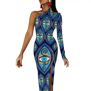 Evil Eye Dress-one shoulder bodycon