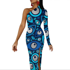 Evil Eye Dress-one shoulder bodycon