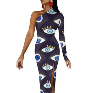 Evil Eye Dress-one shoulder bodycon