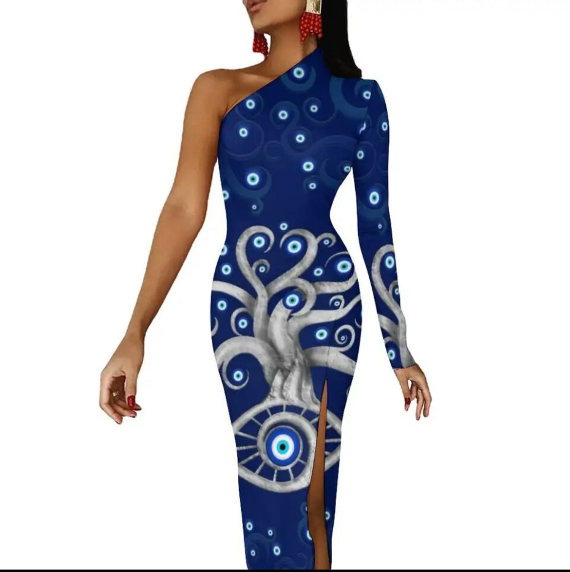 Evil Eye Dress-one shoulder bodycon