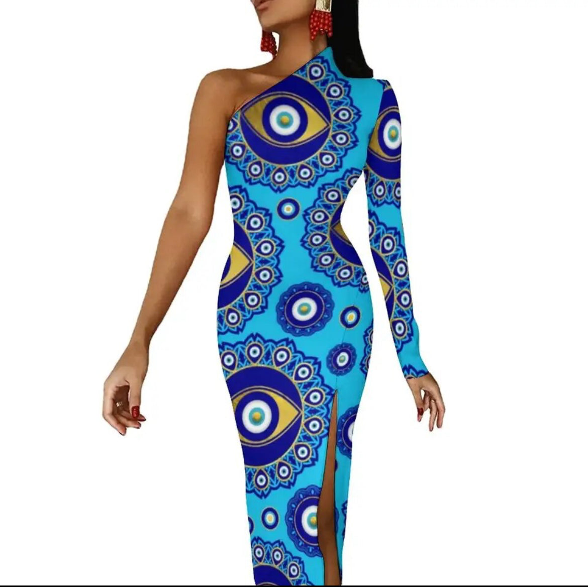 Evil Eye Dress-one shoulder bodycon