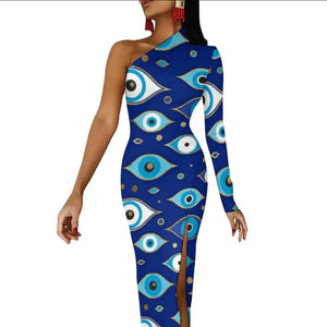 Evil Eye Dress-one shoulder bodycon