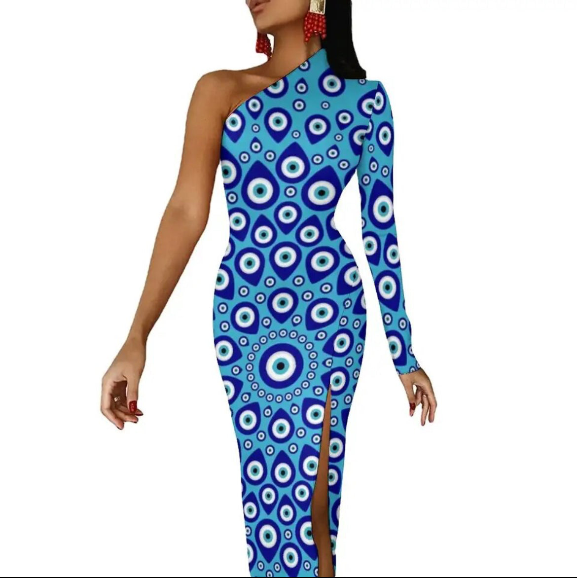 Evil Eye Dress-one shoulder bodycon