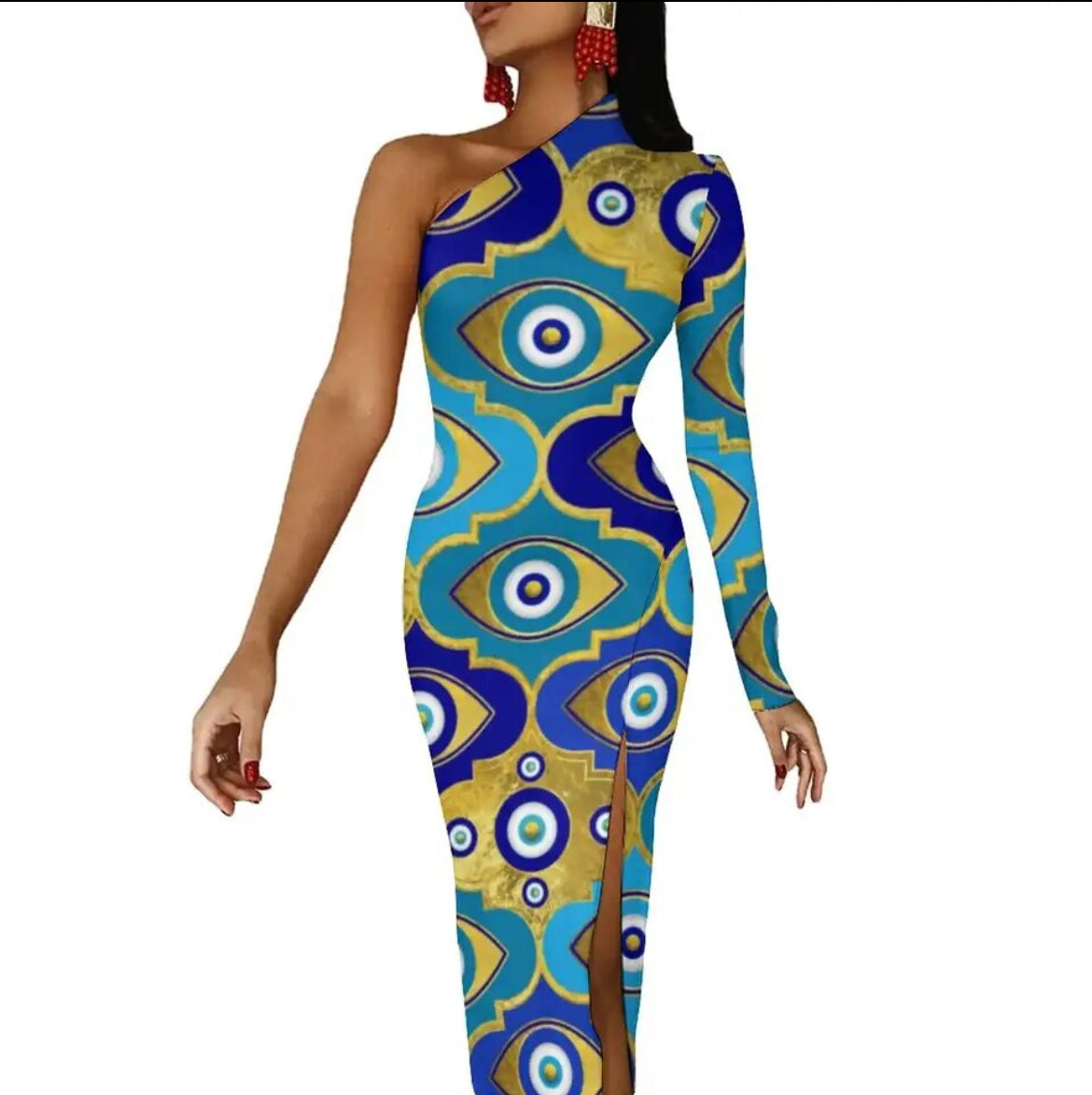 Evil Eye Dress-one shoulder bodycon