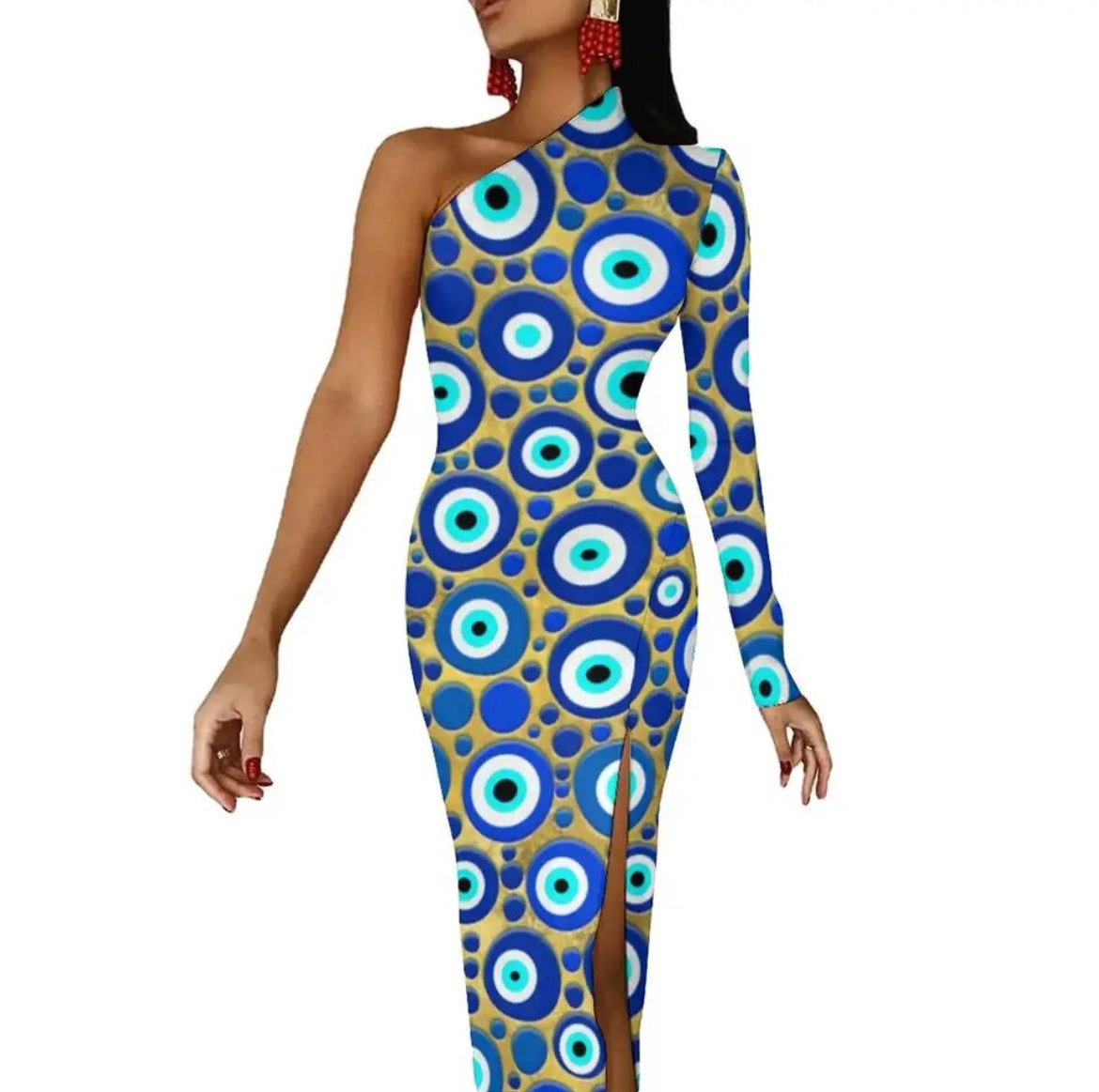 Evil Eye Dress-one shoulder bodycon