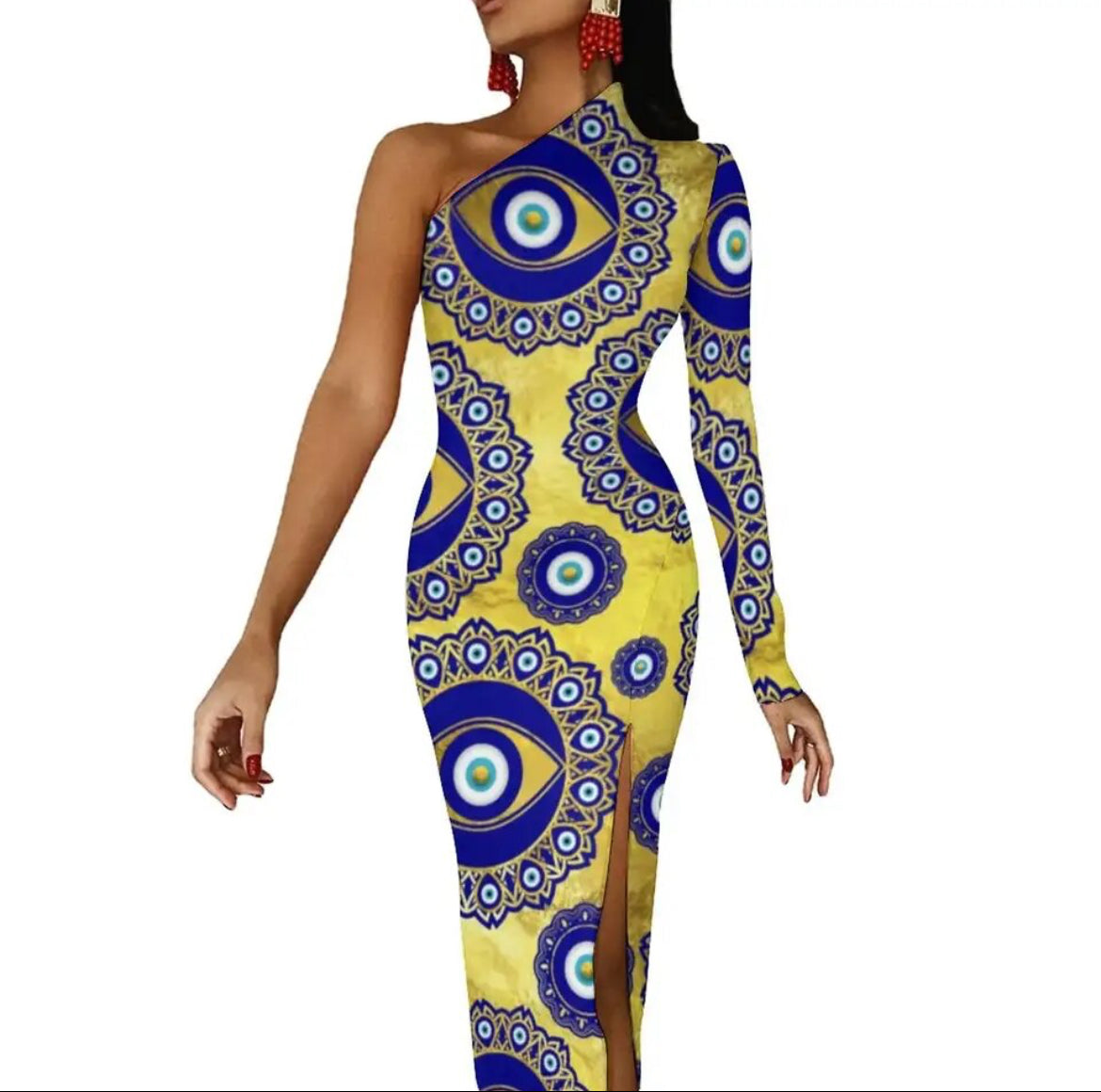 Evil Eye Dress-one shoulder bodycon