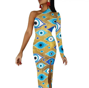 Evil Eye Dress-one shoulder bodycon