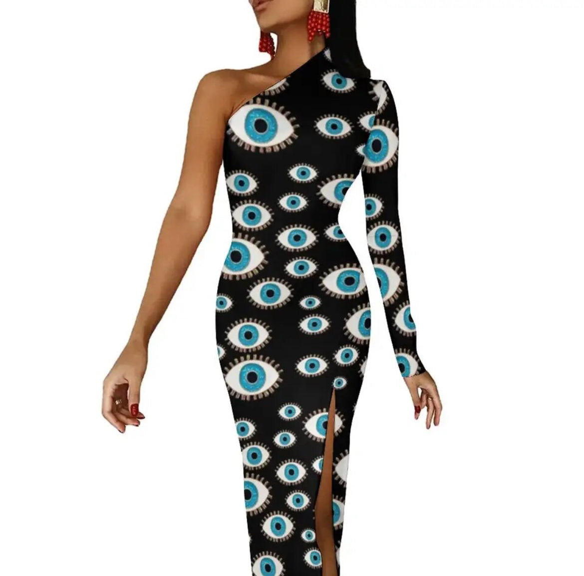 Evil Eye Dress-one shoulder bodycon