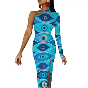 Evil Eye Dress-one shoulder bodycon