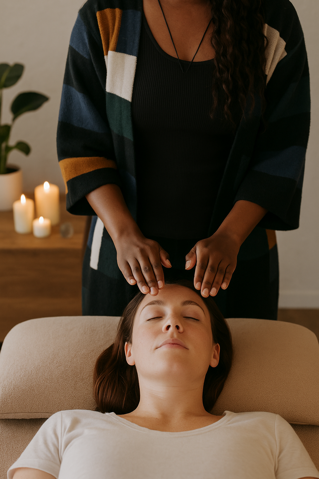 Person receiving a reiki energy cleanse in a calm setting with candles and plants.